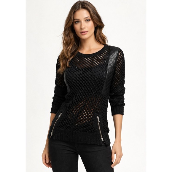 Rock & Republic Sweaters - Rock & Republic Womens Black Open Knit‎ Sweater Faux Leather Moto Zipper S